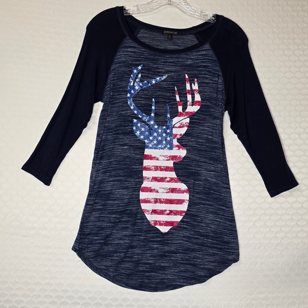 mm mm mm American Flag Deer Head Raglan Baseball Tee Blue Small